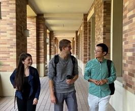 students walking down hallway in keck building